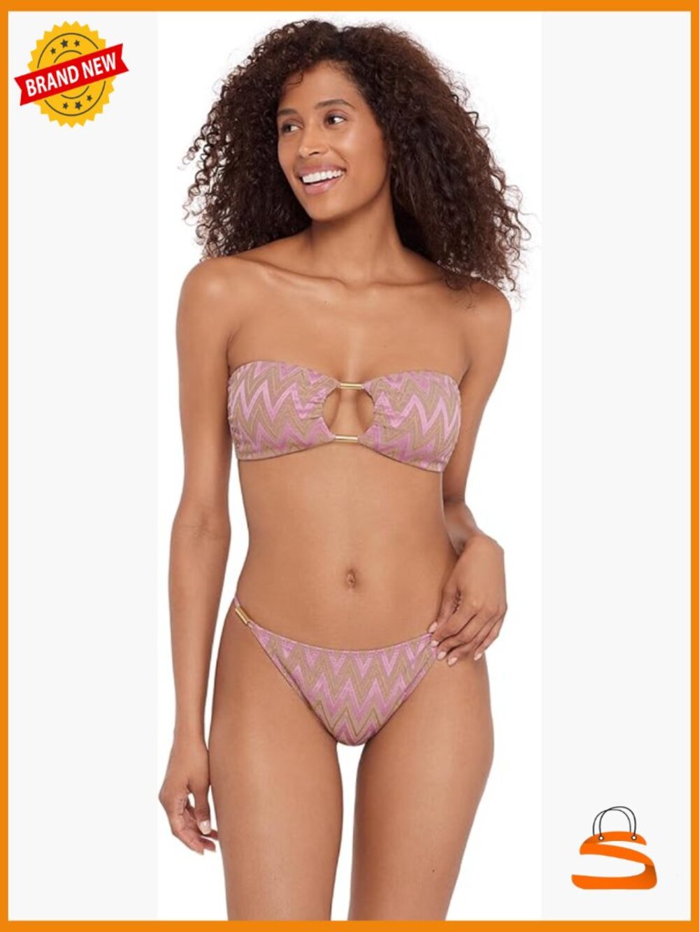 Medium Bandeau Bikini Top with Gold Beads Strapless Cutout Design